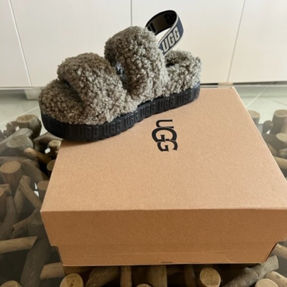 UGG® Oh Fluffita Burnt Olive Genuine Shearling Slingback Sandals - Picture 1 of 10